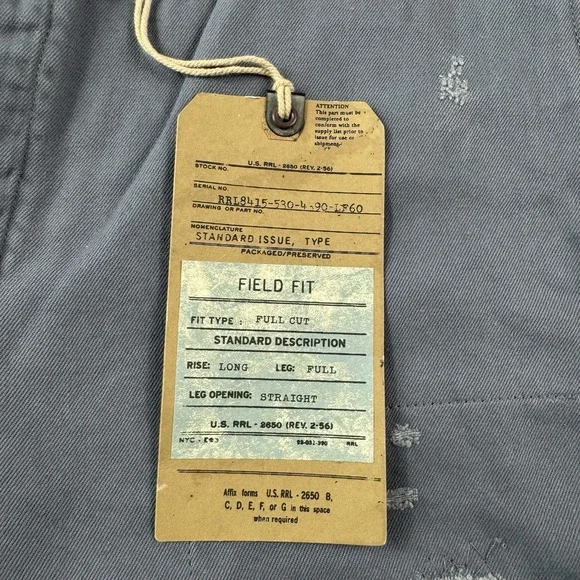 RRL Military Blue Field Button Fly Distressed Men's Chino Size 32x30 NWT 400$ - Picture 5 of 9